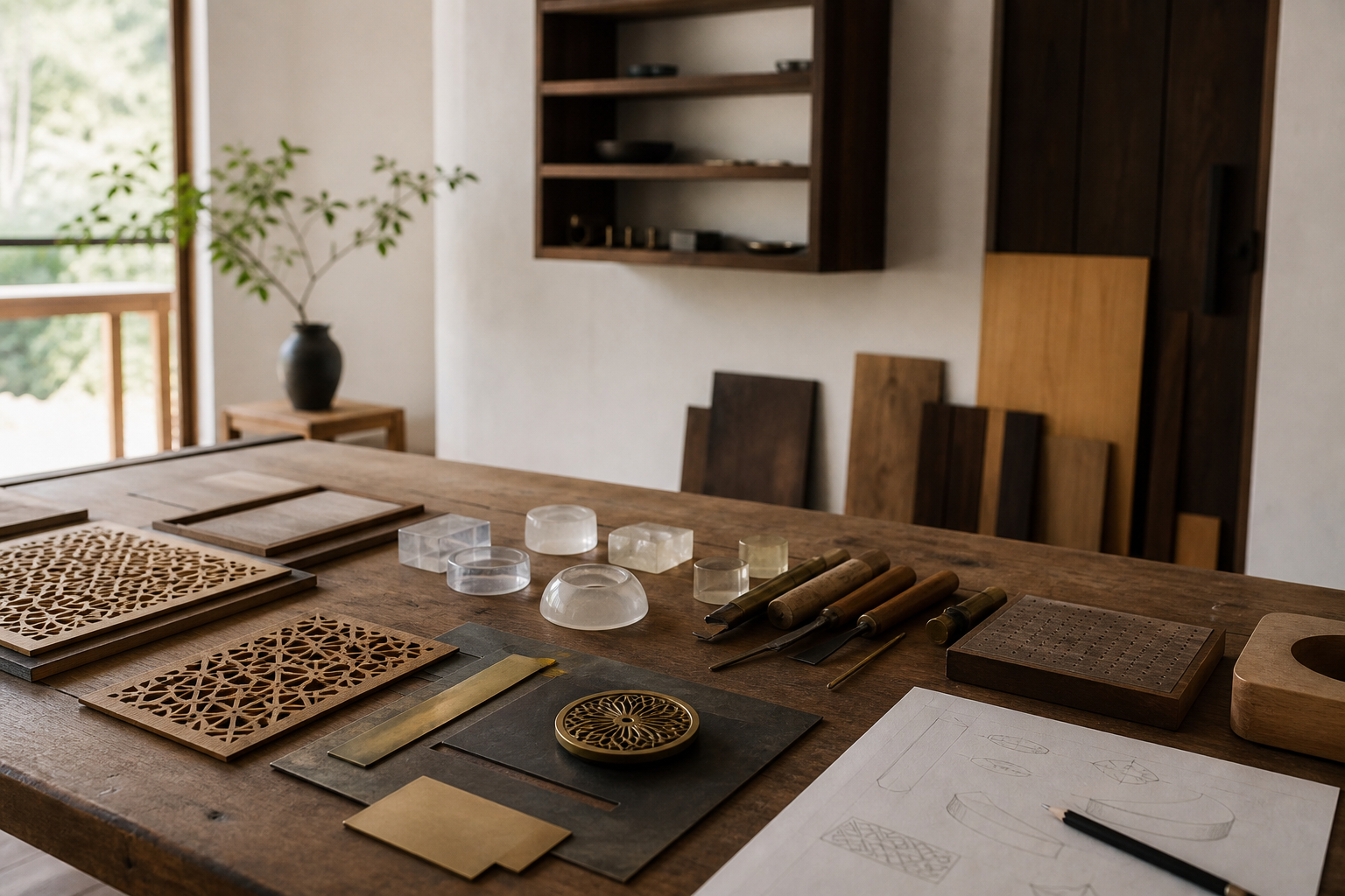 木材、レジン、道具が並ぶTSUMUGU Worksの工房イメージ