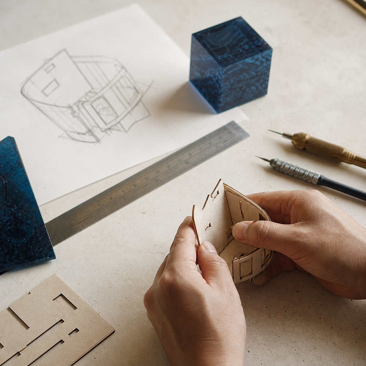 木製試作品を組み立てる制作工程イメージ